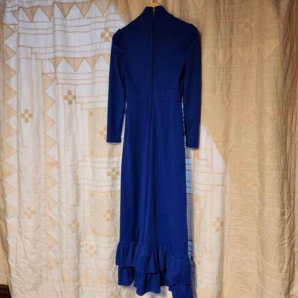 👑 VTG 70s Mikey Jrs Maxi Gown Royal Blue Ruffle High Collar Formal 💙 - Picture 3 of 9